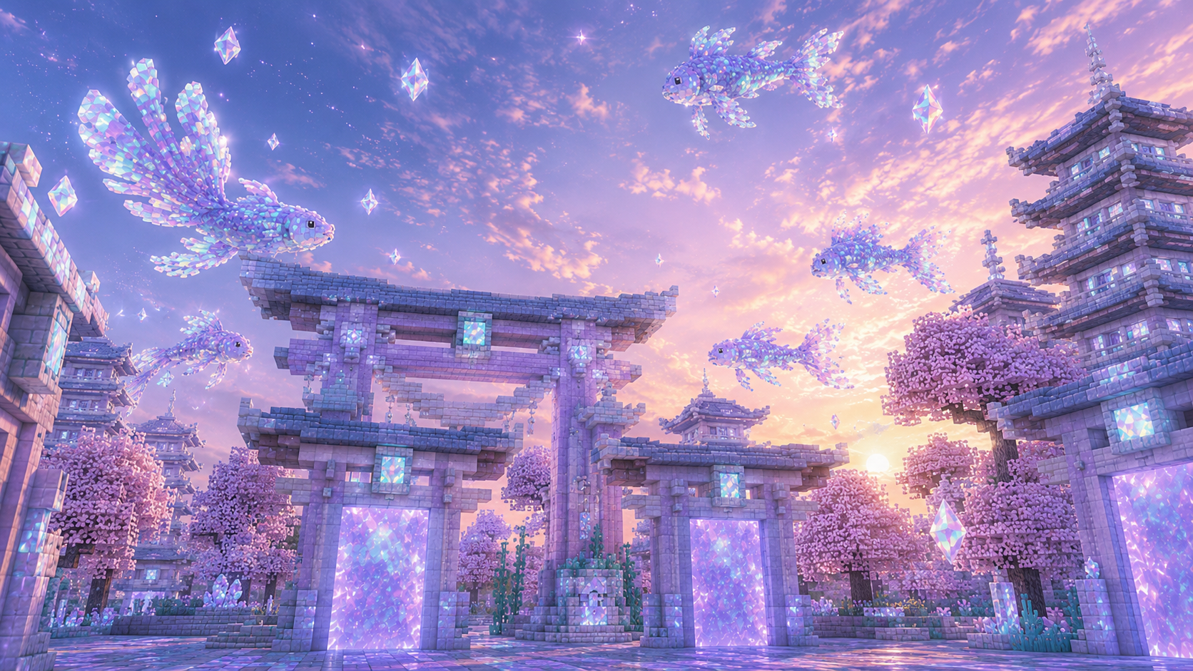 MittyCraftSMP spawn — an Mitty torii gate under a lavender sky with glasstone koi